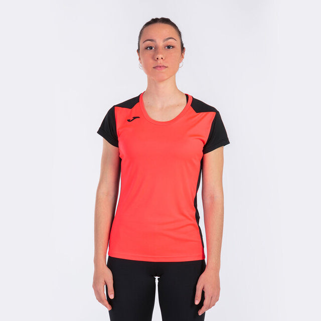 Ženske tekaška majica RECORD II SHORT SLEEVE T-SHIRT fluorescentno koralna rdeča črna